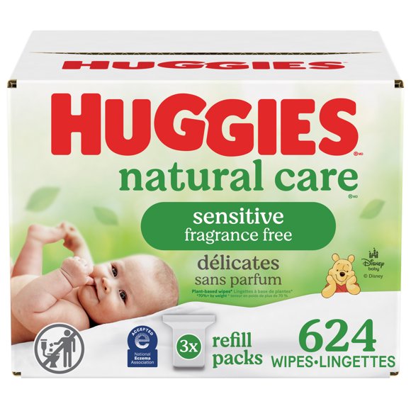 Lingettes pour bébés Huggies Natural Care pour peau sensible, NON PARFUMÉES, 3 recharges, total de 624 lingettes