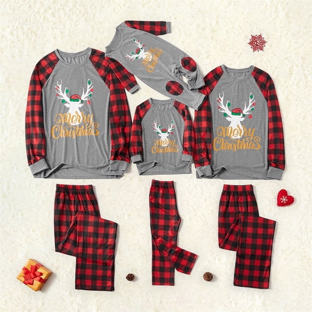 PatPat Family Matching Pajamas Sets Merry Christmas Letter Antler Print Plaid Splice Pajamas Sets for Family (Flame Resistant)