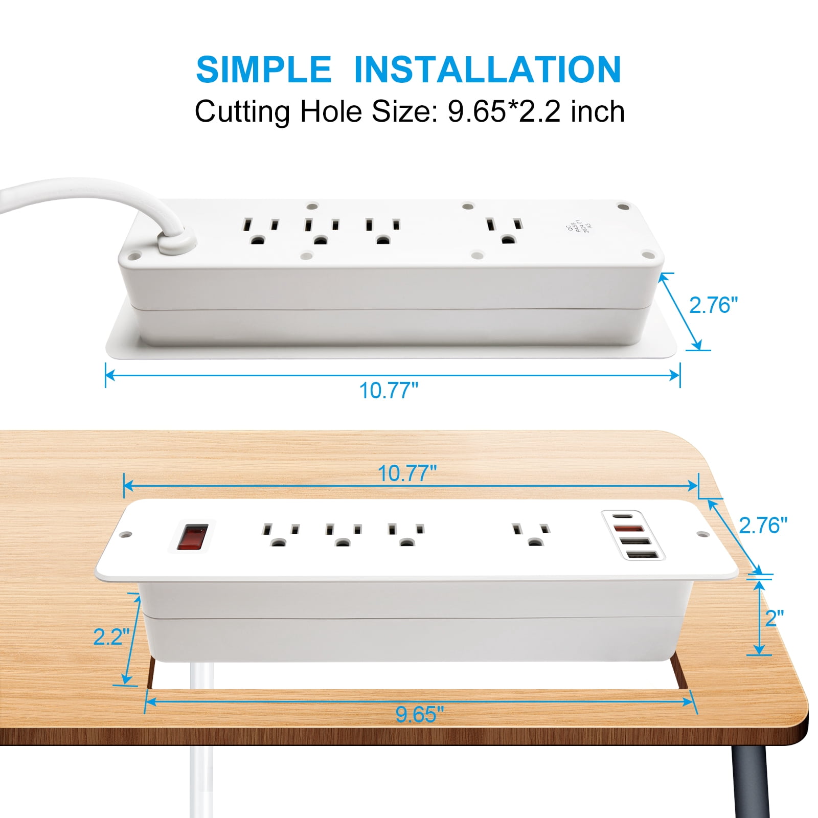 8 Outlets Double Side Recessed Power Strip with USB C PD 20W, Flush Mount Fast Charge Desktop Power Extender Built in Under Desk Multiple Power Outlets Flat Plug for Furniture Table Conference