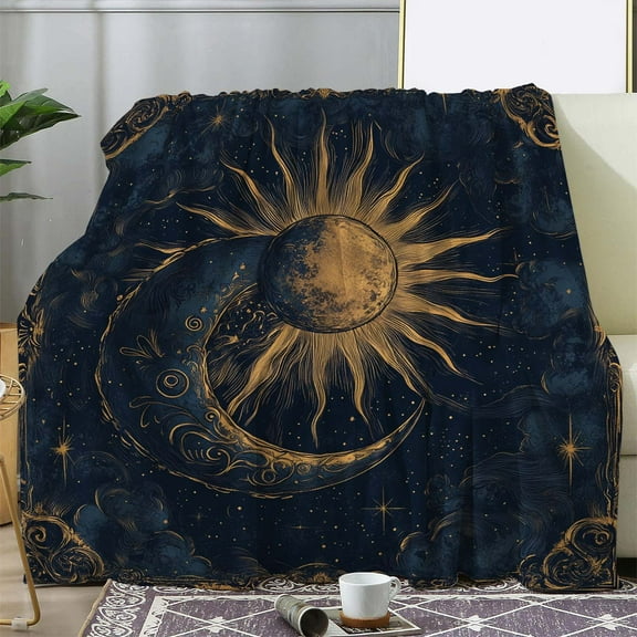 Luxurious Plush Flannel Throw Blanket with Sun, Moon & Stars Print Design - Cozy, Soft, and Warm for Couch, Bed, Car, Office, Camping & Travel - Vintage-Inspired