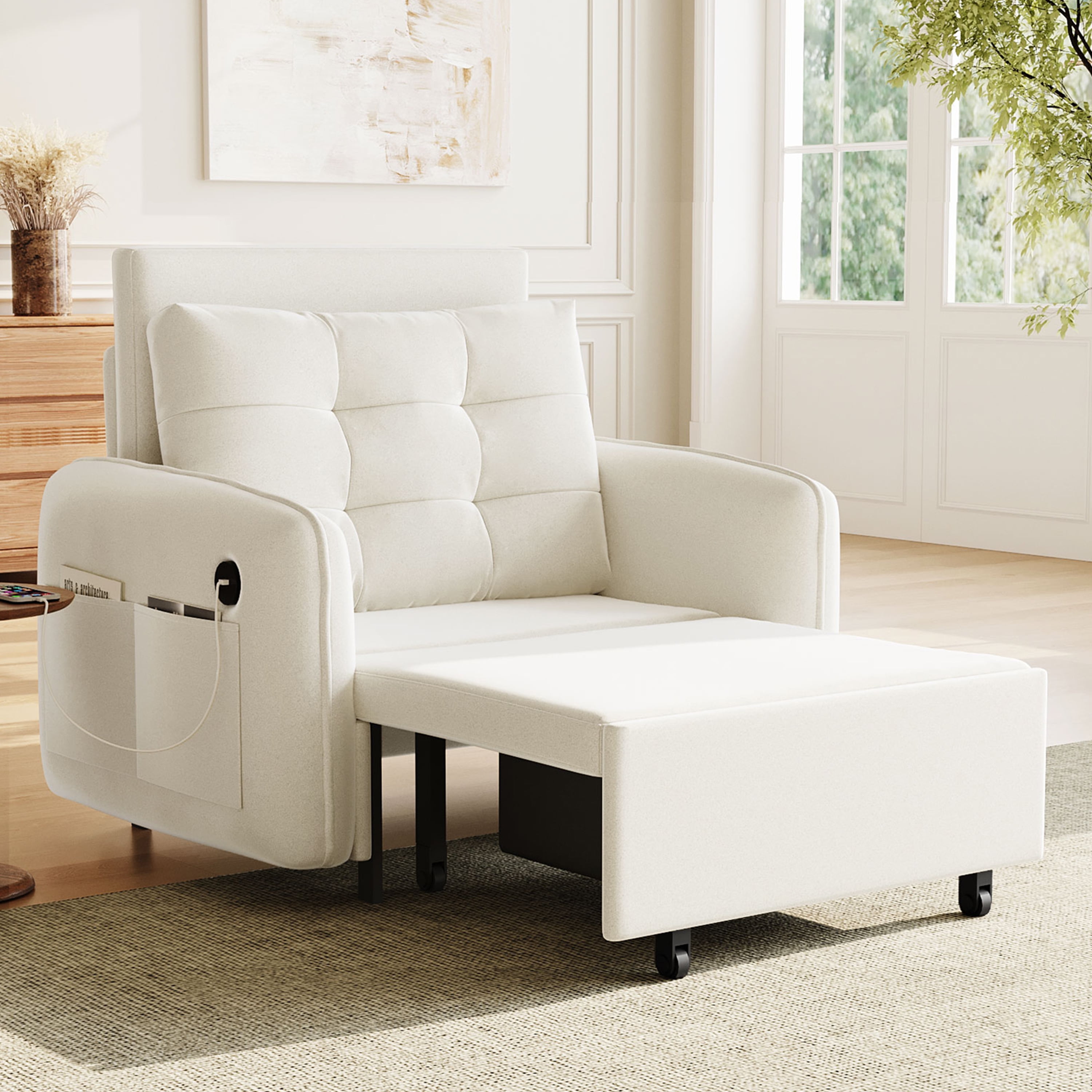 Sofa Bed, Sleeper Chair, 3-in-1 Convertible with Pull-Out Lounge, Storage Pockets and Hidden Box, Tufted Chenille Upholstery on Plywood Frame for Living Room & Apartment, 80 Inch, Beige
