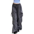 thumbnail image 3 of Pantalones cargo de talle alto, rectos, pierna ancha, pantalones palazzo Y2K, pantalones holgados de color sólido con cordón y bolsillo, 3 of 5