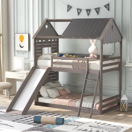 BIG SALE Bed Frame Twin Over Twin Bunk Bed Wood Bed with Roof  Window  Slide  Ladder  Antique Gray