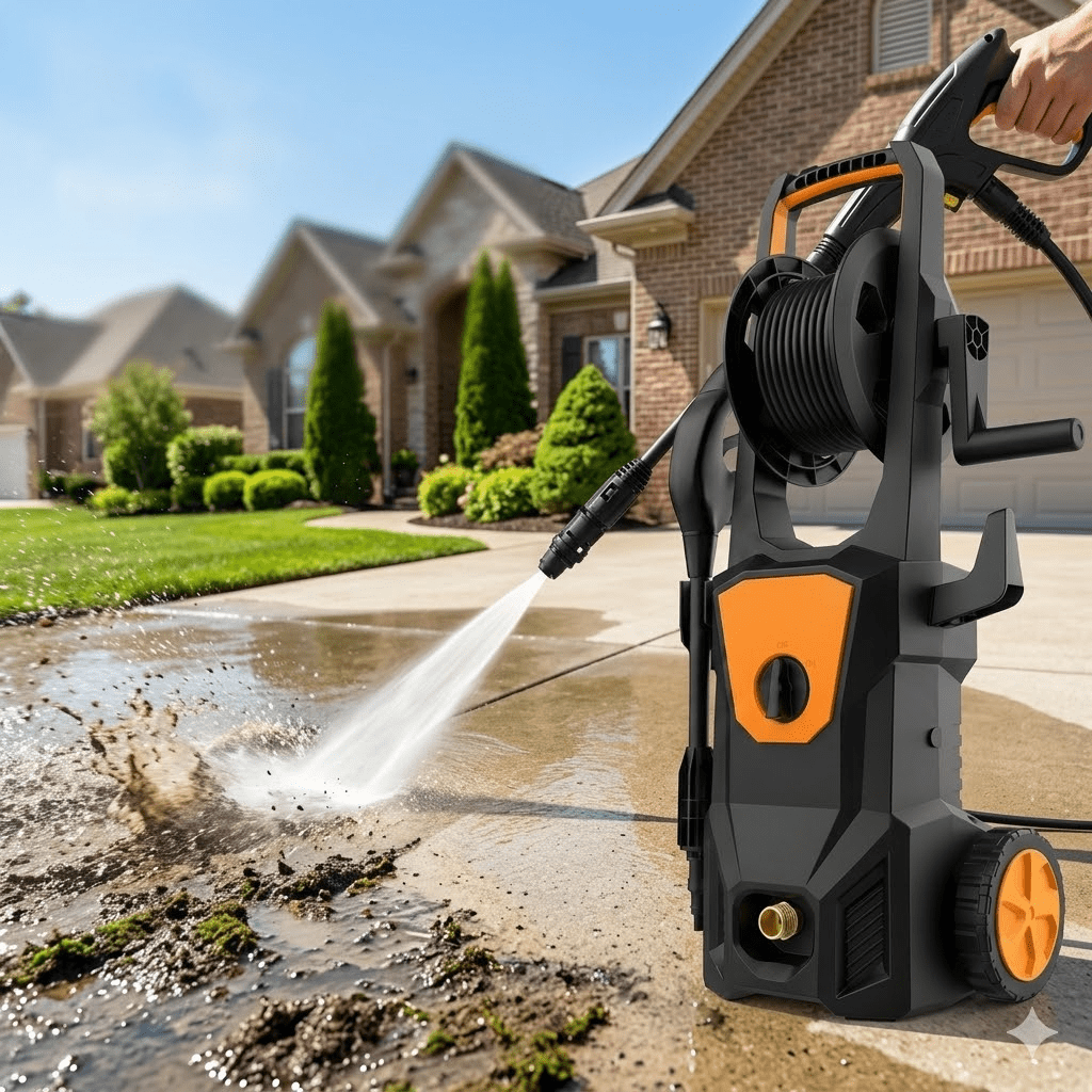 Electric Pressure Washer, 1600W Portable Power Washer with Hose Reel, Foam Cannon, Spray Gun, 7M High Pressure Hose & Quick Connect Kit, Pressure Washer Electric for Cars, Driveways, Patios &