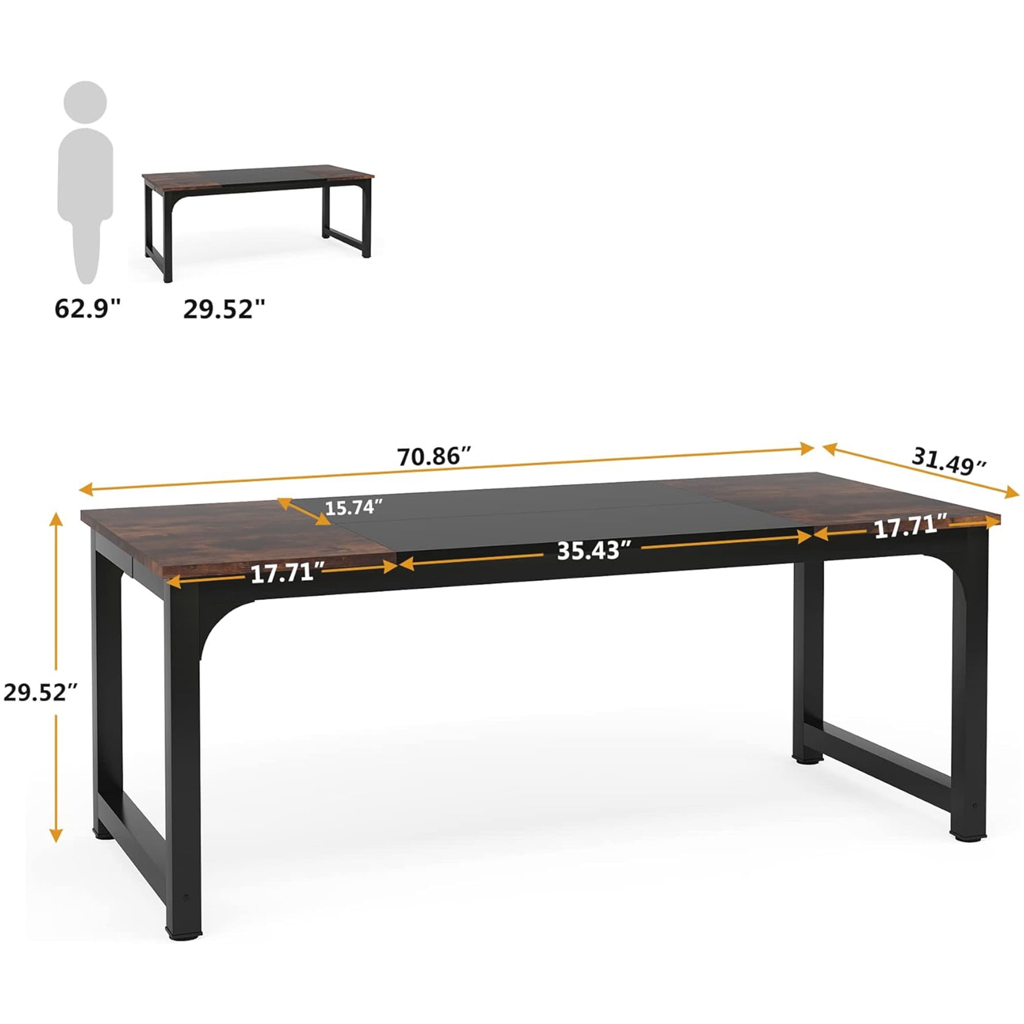 KIOOTTO 63" Executive Office Desk, Large Computer Writing Desk with Heavy Duty Steel Frame, Rustic Brown
