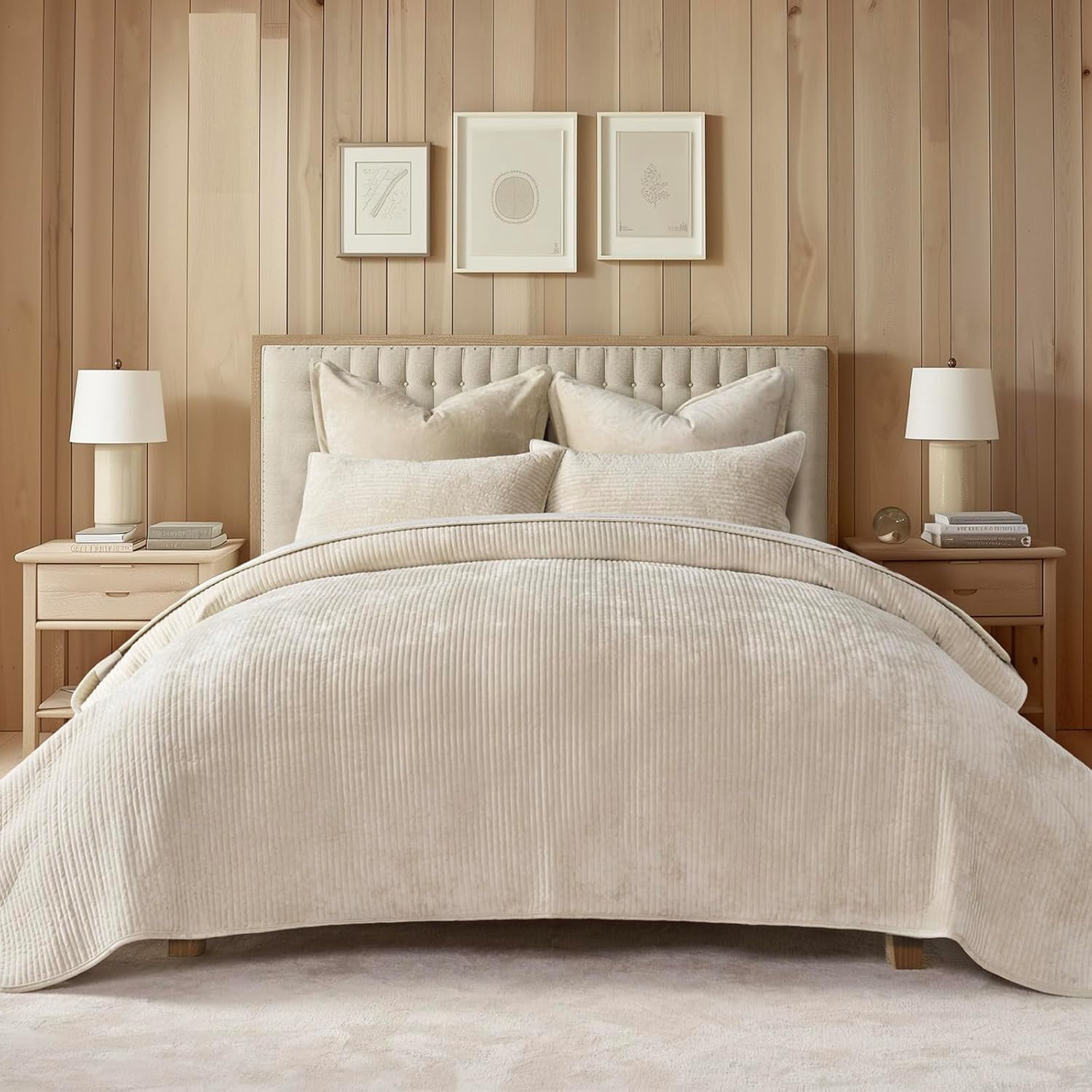 EVERGRACE Velvet Quilt Set Queen Size, Luxurious Soft Quilted Bedding Sets, Lightweight Velvet Comforter for All Season, Striped Channel Bedspread Coverlet with 2 Shams, Light Sand