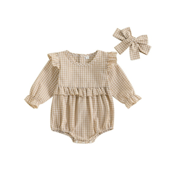 aturustex Toddler Baby Girls Bubble Rompers Outfits 0 3M 6M 12M 18M Infant Crew Neck Bodysuits Long Sleeve Romper Classic Plaid Jumpsuits with Headbanasual 2Pcs Daily Spring Fall Clothes Set