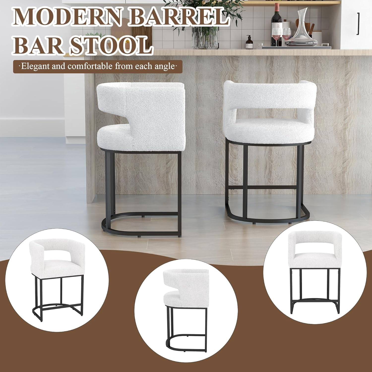 Westice Counter Height Stools for Kitchen Island Set of 2, 28" Barral Bar Stools with Backrest, Black Metal Frame, Upholstered Linen Fabric Stools for Pub, Club, Dining Room, Beige