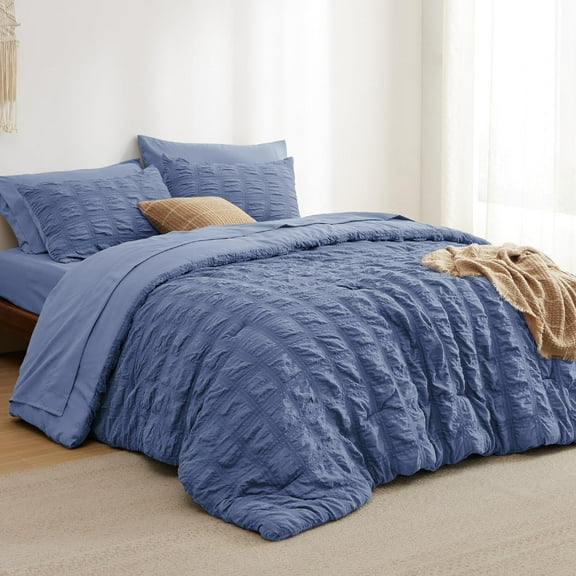 Bed in a Bag Queen - 7 Pieces Plaid Seersucker Bedding Comforter Sets, Soft Lightweight Mineral Blue Boho Bed Set with Comforters Queen Size, Sheets, Pillowcases & Shams