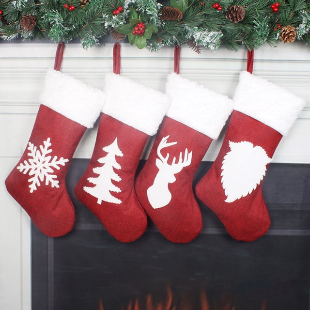 Medias Navideñas Tejidas con Diseños de Papá Noel y Muñeco de Nieve. Bolsas de Regalo Rojas Ideales para Colgar En El Árbol de Navidad.