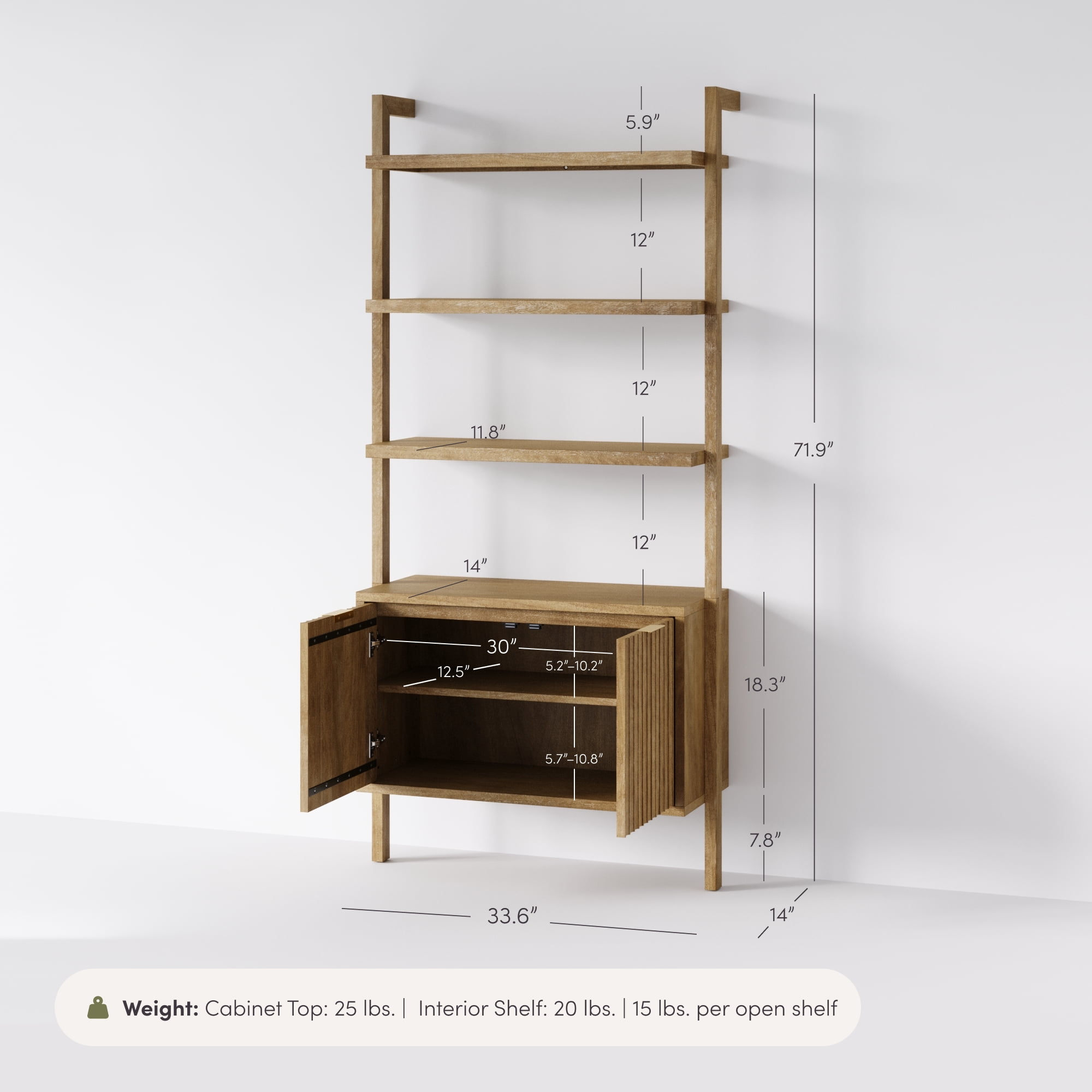Nathan James Jasper 3-Shelf Solid Wood Boho Bookshelf, Wall Mounted Bookshelf with Cabinet with Fluted Doors, Light Brown