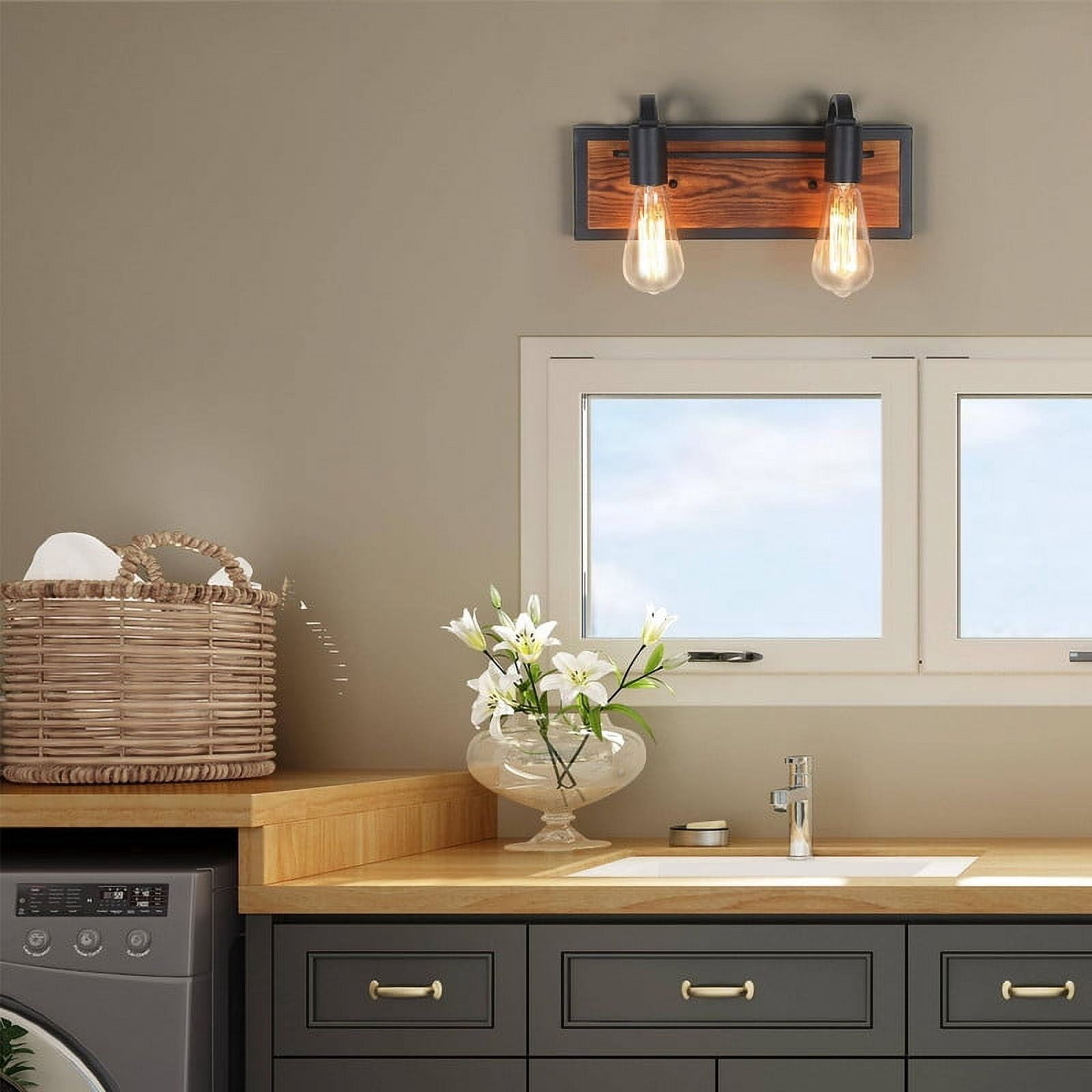 LNC 2-Light Black and Brown Farmhouse Bathroom Vanity Light,14.2"L x 4.3"D x 5.9"H