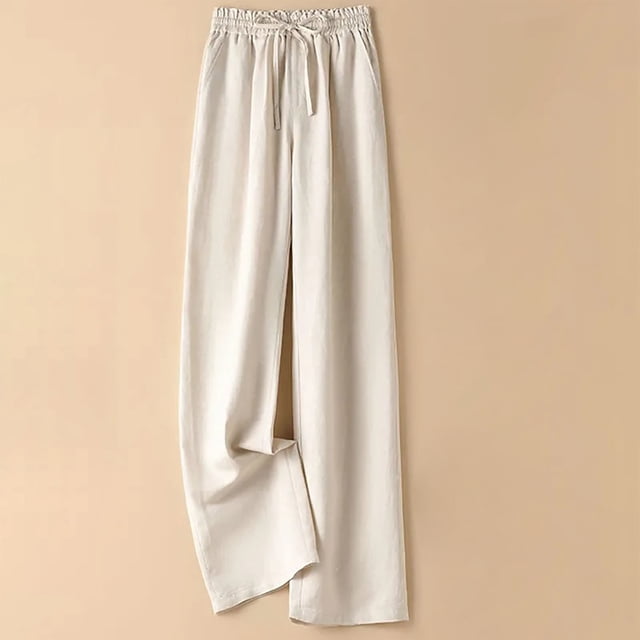 AherBiu Linen Pants Women Drawstring High Waisted Wide Leg Pants Loose Solid Color with Pockets Loungewear