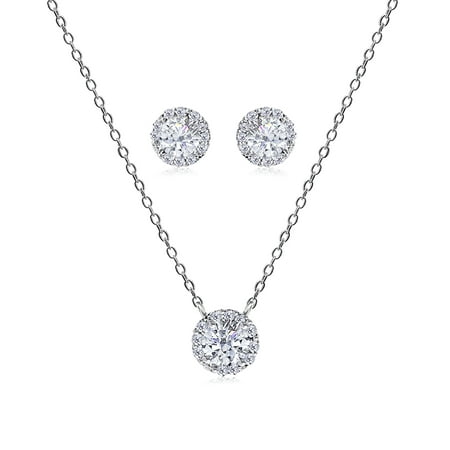Luxury Designs Sterling Silver 7mm Round CZ & Halo Pendant & Earrings ...