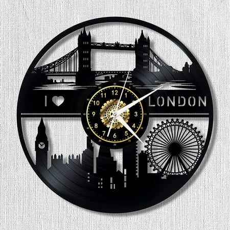London Cityscape Vintage Black Vinyl Record Wall Clock Wall Art 3D Modern Design Office Bar Room Home Decor Gift