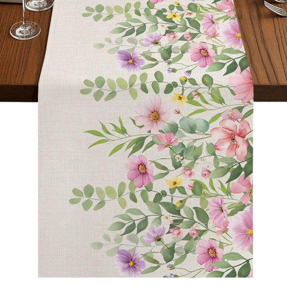 Table Runners 72 Inches Long Dress Scarves, Colorful Flowers Farmhouse Kitchen Table Runner, Coffee Tablerunners, Spring Floral Leaves Botanical Country Beige 13x72 Inch