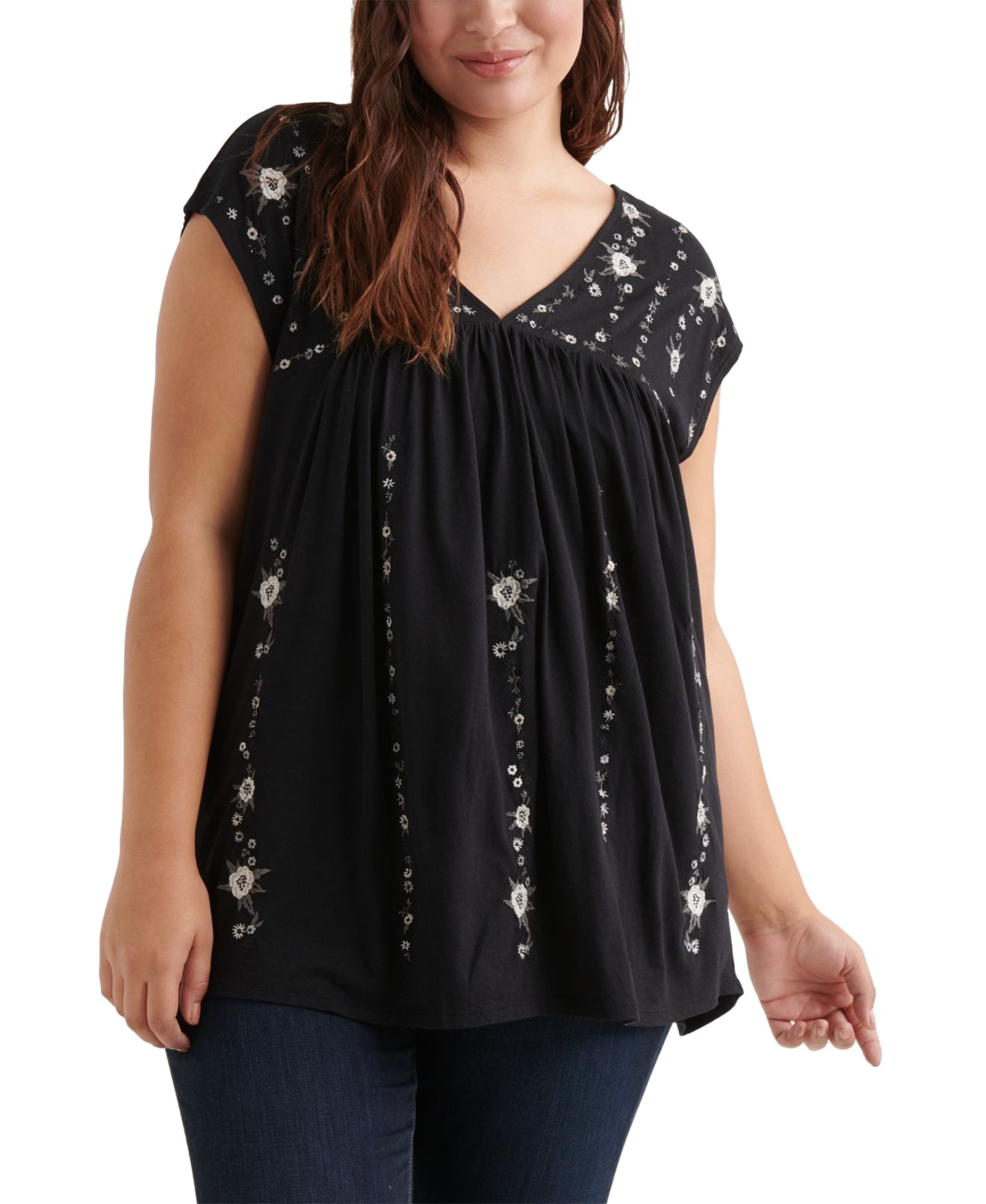 Lucky Brand Womens Knit Top Plus Floral Embroidered VNeck 1X