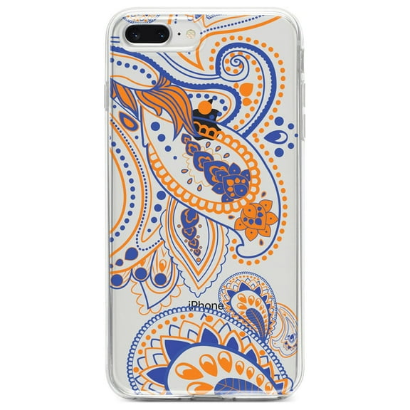 DistinctInk Clear Shockproof Hybrid Case for iPhone 7 PLUS / 8 PLUS (5.5" Screen) - TPU Bumper, Acrylic Back, Tempered Glass Screen Protector - Orange and Blue Paisley