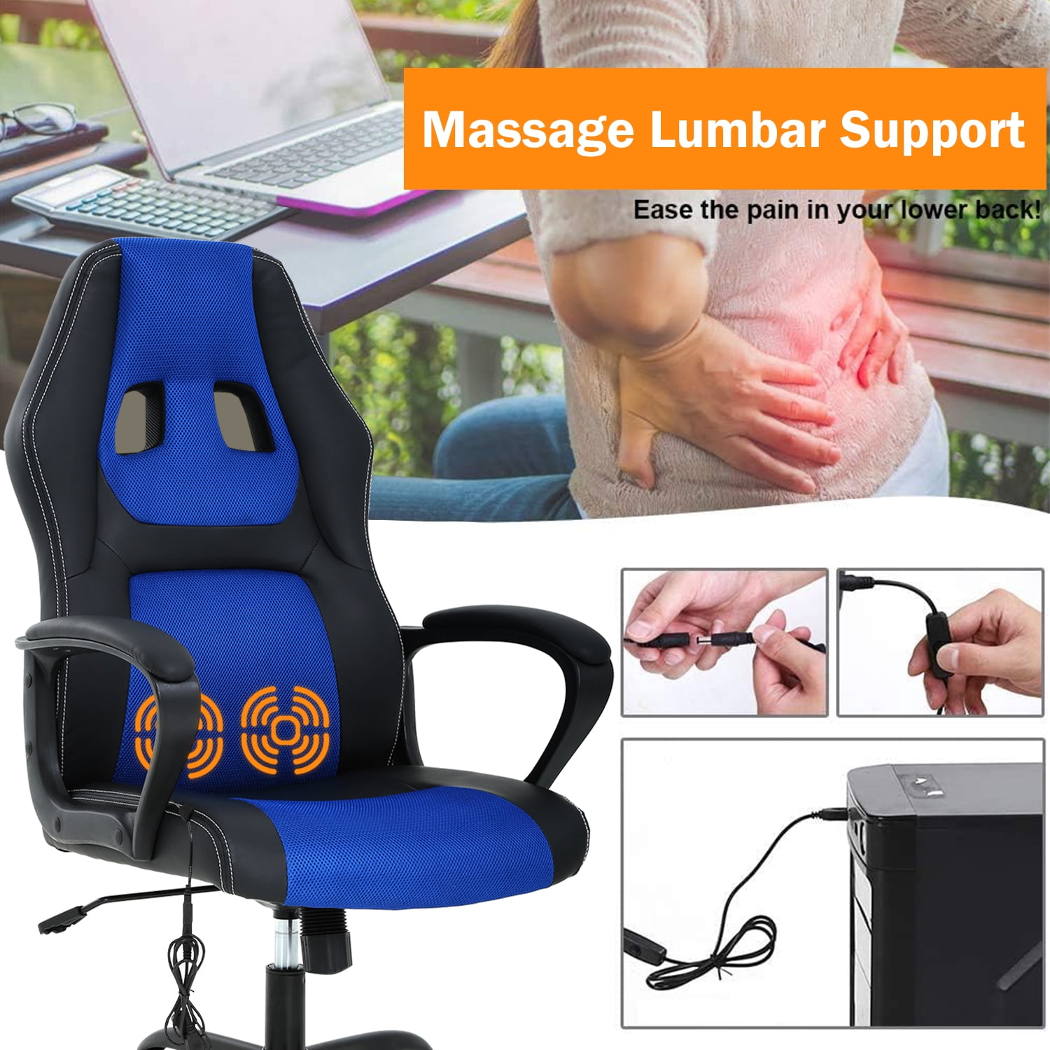 Massage Gaming Chair, High Back Office Chair Adjustable Gamer Chair Ergonomic Computer Chair with Lumbar Support Task Rolling Swivel Chair Game Chair for Adult &Teen(Blue)