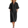 thumbnail image 2 of Ovbmpzd Summer Long Boho Beach Dresses for Women Linen Loose Sundresses V-Neck Short Sleeves Black T-Shirt Dresses With Pockets,L, 2 of 6