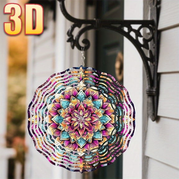 HELLOYOUNG 3D Mandala Flower Wind Chime Tapestry Hanging Decoration, 10in with 360° Swivel Hook for DIY Creative Wind Turn, Vibrant Courtyard Front Door Outdoor Decor