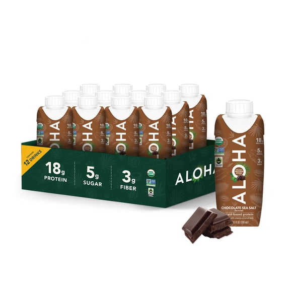 ALOHA Organic Plant-Based Protein Drink – Coconut | 18g Protein, 5g Sugar, 3g Fiber | 11 fl oz (12 pack)