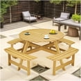 thumbnail image 4 of Round Picnic Table with 4 Built-in Benches for 8 People, Outdoor Patio Furniture Set with Umbrella Hole, Natural Wood Finish, 4 of 10