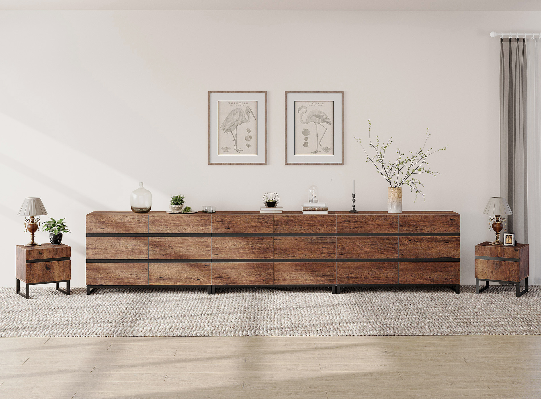 WAMPAT 5-Piece Bedroom Set, Modern 142" 18-Drawer Dresser & 2 Nightstands (2 Drawers Each)