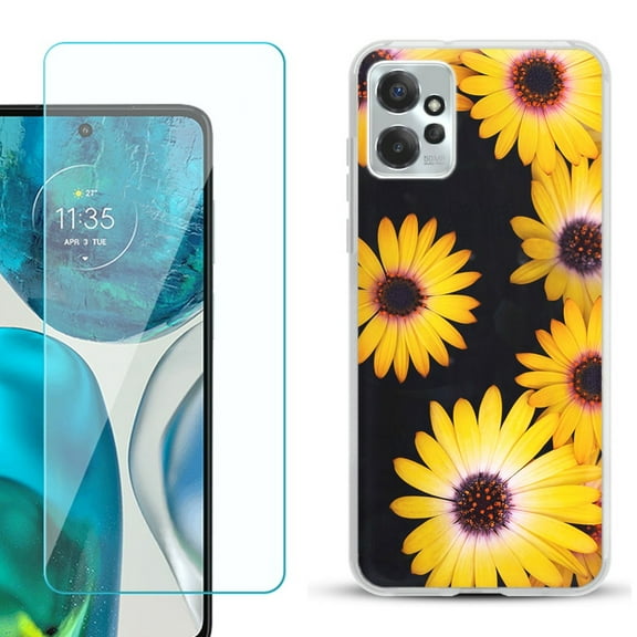 OneToughShield ® for Motorola Moto G Power 5G 2023 Shockproof Fashion Phone Case, with Tempered Glass Screen Protector - Yellow Flower