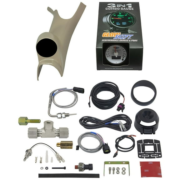 GlowShift 2003-2009 Dodge Ram Cummins Taupe Single Gauge Package with White 3in1 Analog EGT, Digital Boost & Digital Temperature Gauge
