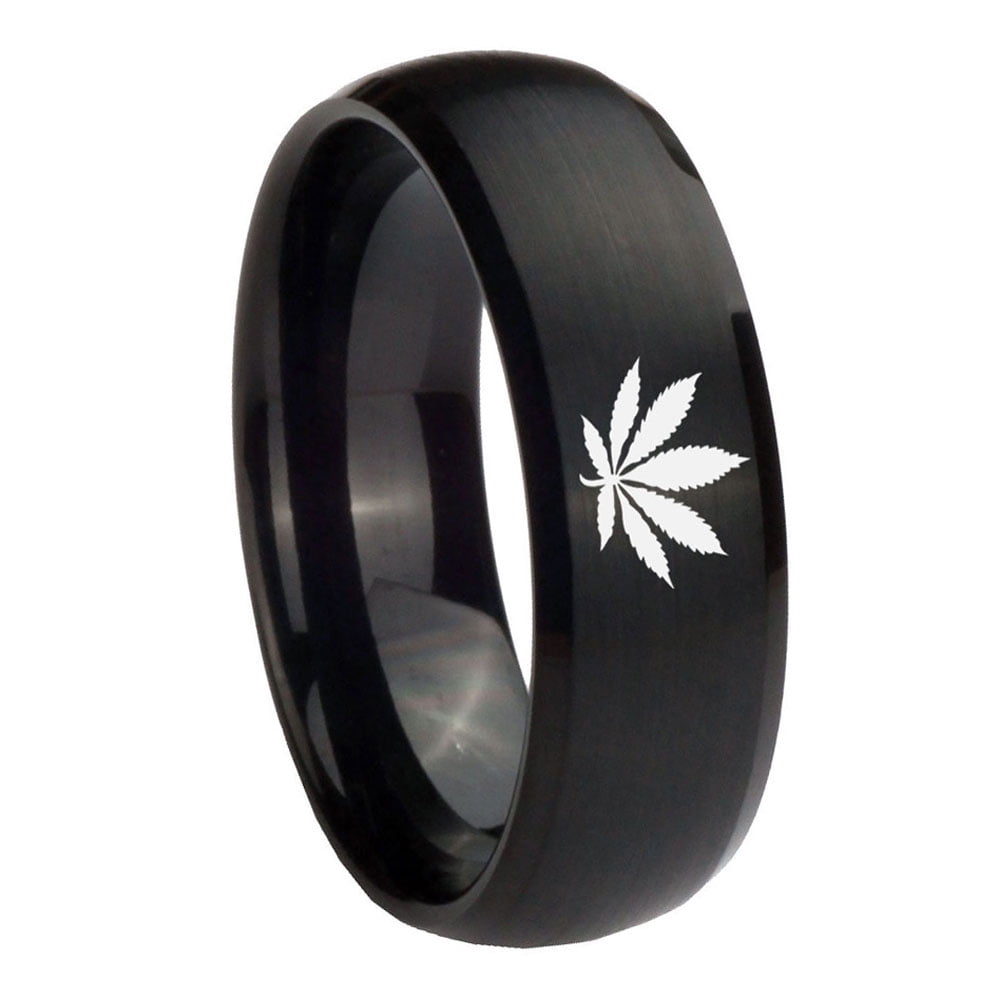 RATUNGSTEN Tungsten Marijuana Cannabis Leaf Ring, 8mm Brushed Black