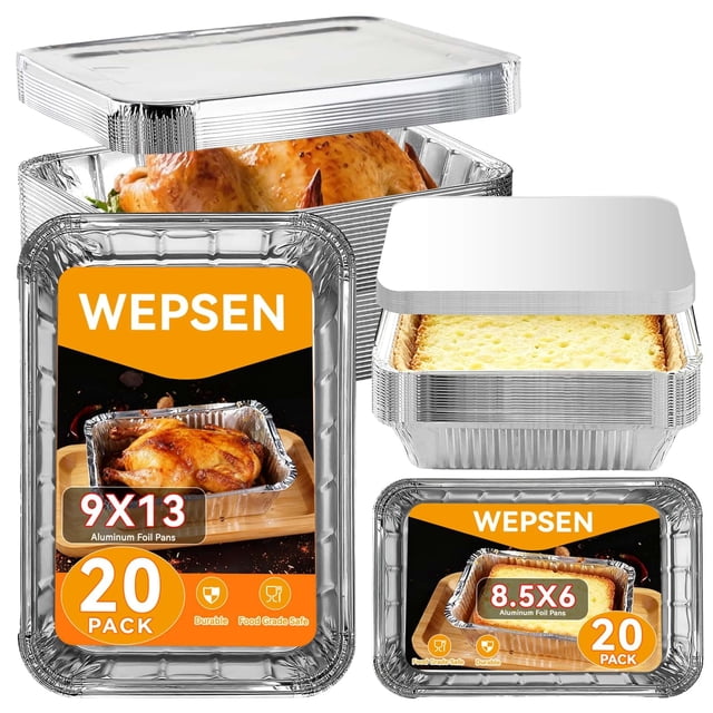 Sartenes de aluminio WEPSEN, paquete de 40 con tapas, 20 grandes de 9 x 13 y 20 de 8,5 x 6