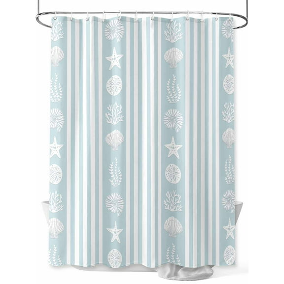 Fsddascl Sky Blue Striped Coastal Shower Curtain Set - Standard 72" x 72" Bathtub Curtain with 12 Hooks, Nautical Beach Starfish Shell Waterproof Fabric Stall Shower Curtains for Bathroom/Bathtub