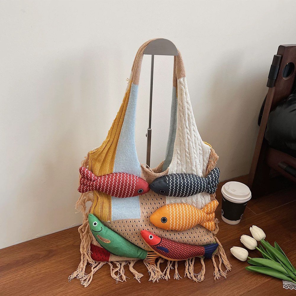 Jiibva Crochet Beach Shoulder Bag for Women Summer Tote handbags Shoulder Boho Bag with Handmade Fish for Summer Vacation