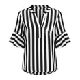 thumbnail image 5 of Women's Casual Loose Linen Striped V-Neck Three-Quarter Sleeve Ruffled Top, 5 of 8