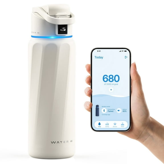 WaterH BOOST Smart Water Bottle Reminder to Drink Water Tracker-Double Wall Vacuum Insulated Stainless Steel, Wide Mouth 32 oz, for Gift-White