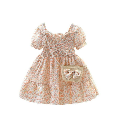 WBQ Toddler Girls Summer Dress with Crossbody Bag 2-9 Years Little Girls Puff Sleeve Square Neck Floral Printed Princess Dress Casual Party Dress Baby Girl Tutu Dress
