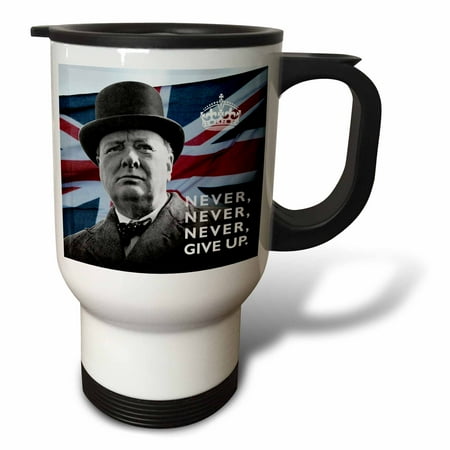 

3dRose Winston Churchill- Never Give Up Quotation over Union Jack Background Travel Mug 14oz Stainless Steel