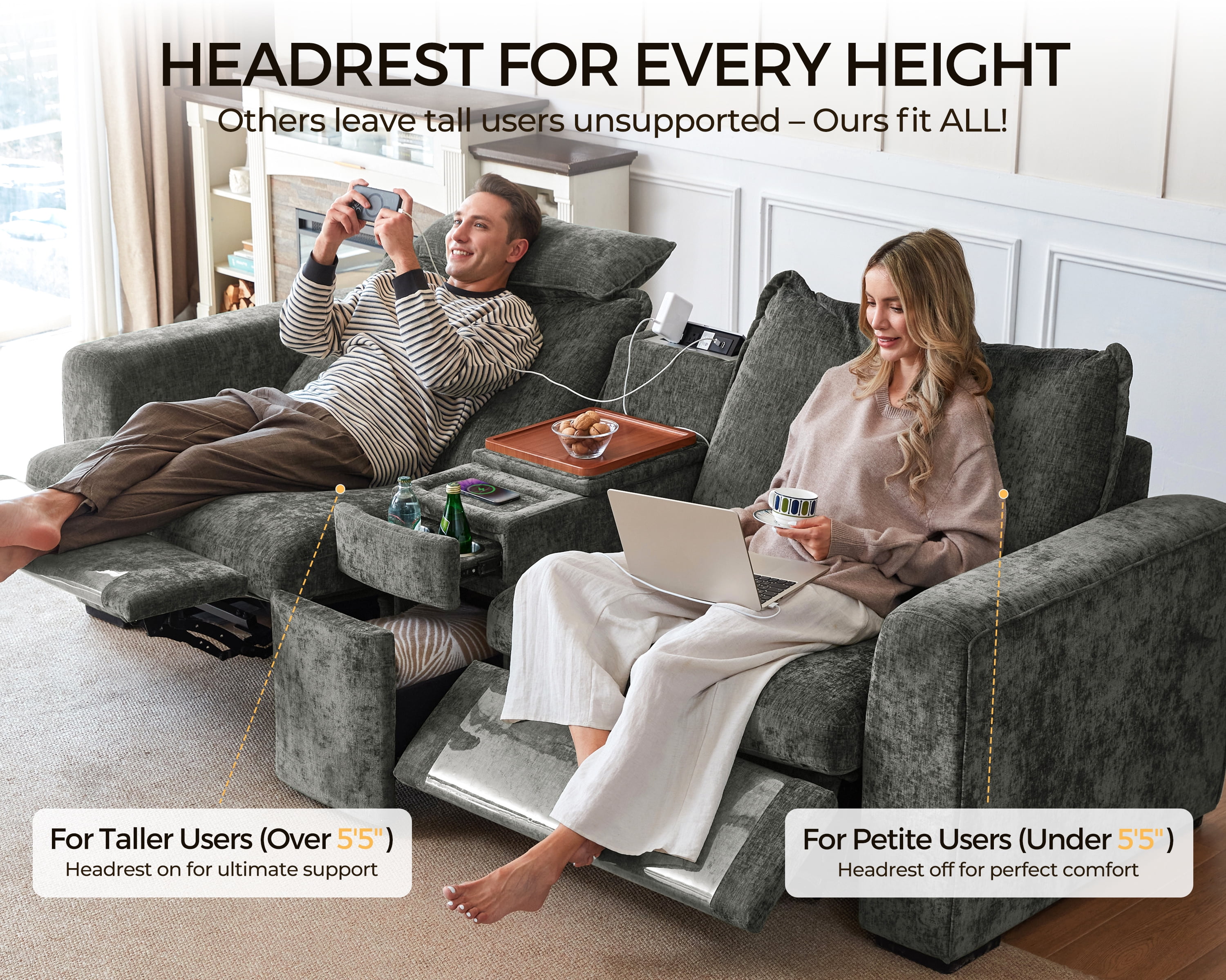 BEDEEP 133.9'' Power Recliner Sofa with Headrest Console, Modular Cloud Sectional Chenille Reclining Couch with Storage Ottoman Chaise, Convertible 6-Seater Sofa Couch for Living Room RV, Gray