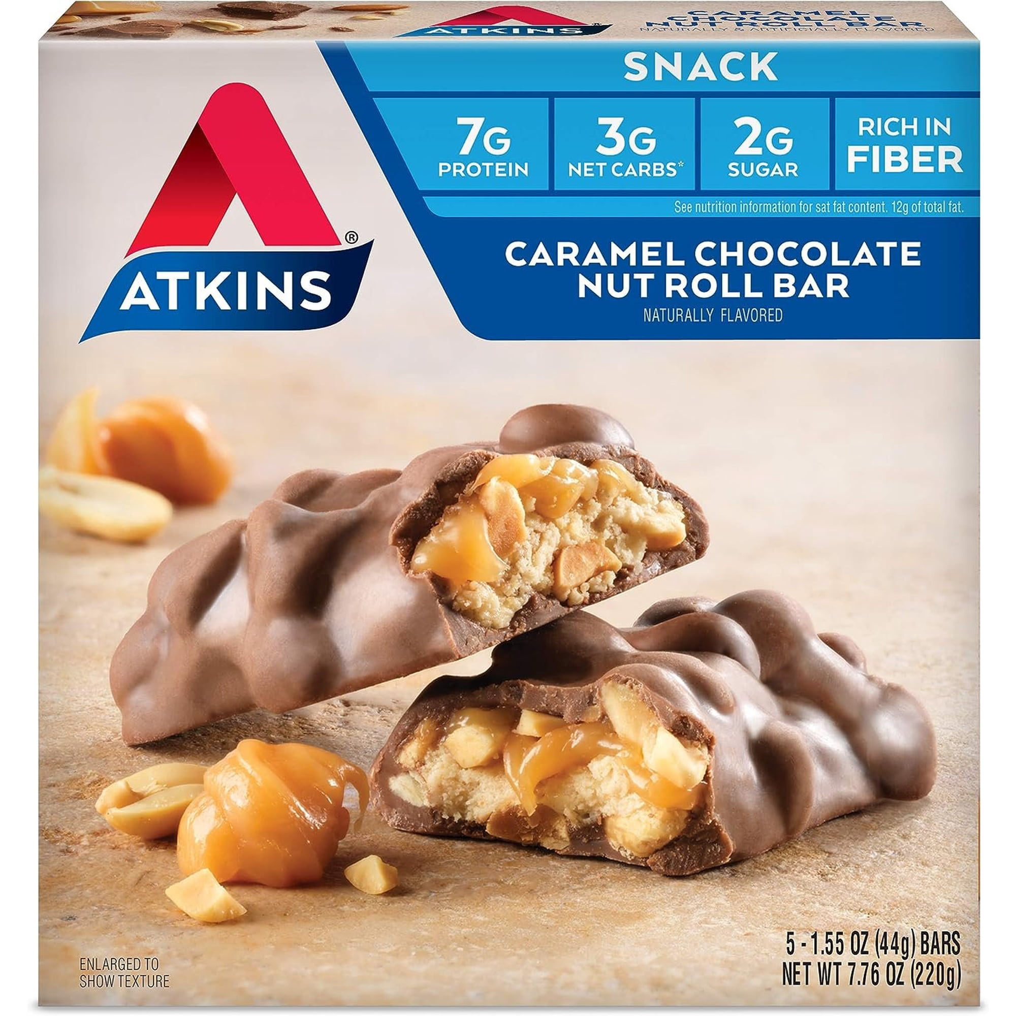 Atkins Caramel Chocolate Nut Roll Snack Bar, Protein Snack, High in Fiber, 2g Sugar, 5 Count