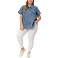 thumbnail image 2 of Unique Bargains Women's Plus Size Denim Jean Shirts Short Sleeve Button Down Tops 1X Stone Washed Blue, 2 of 6