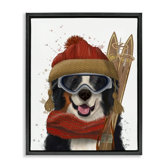 Stupell Industries Happy Skiing Dog Animals & Insects Painting Black Floater Framed Canvas Art Prints Wall Art, 17 x 21