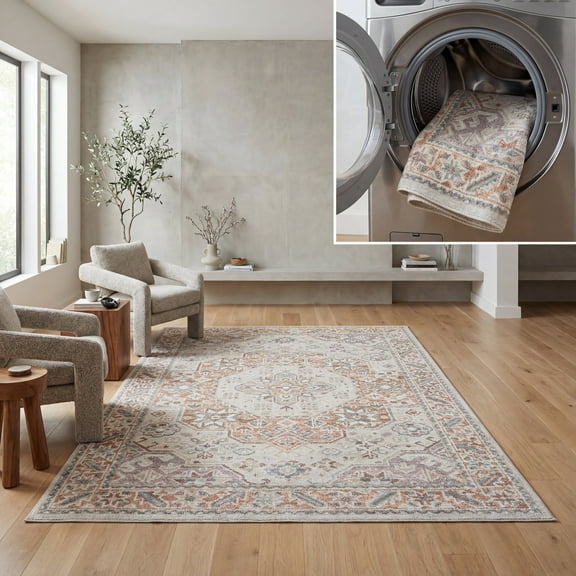 SAFAVIEH Blair Henrietta Traditional Machine Washable Area Rug, 5'3" x 7'6", Beige/Rust