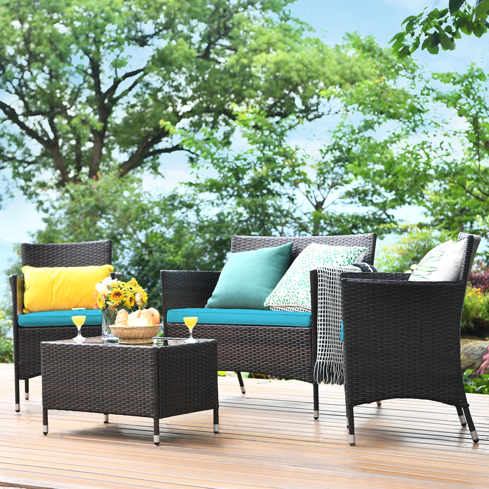 Gymax 8PCS Patio Rattan Conversation Furniture Set Outdoor w/ Turquoise Cushion