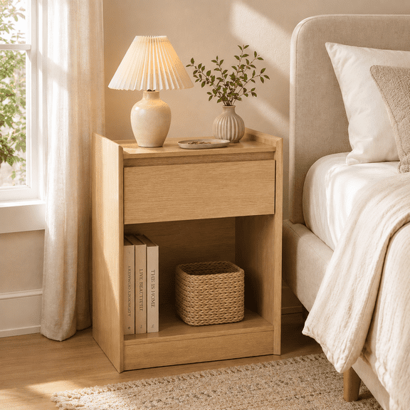 EcoNovi Natural Oak Nightstand, Drawer and Open Shelf Bedside Table with Raised-Edge Top, Japandi Storage Cabinet