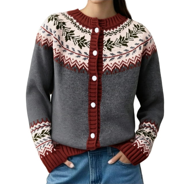 LMKIHUSA Femmes 2025 Automne Cardigans Chandails Ethnique Boho Graphique Tricot Fair Isle Manteau Col Rond Cardigan à Boutons Vin,m