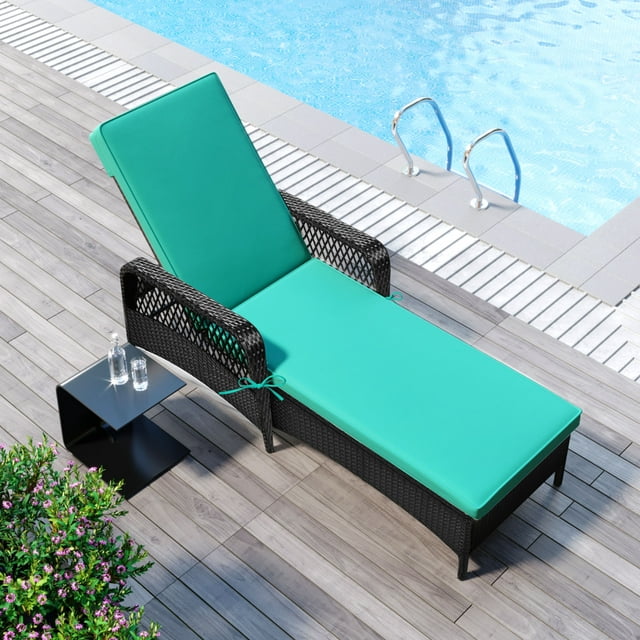 Sesslife Adjustable Outdoor Steel Patio Chaise Lounge Chair with 6 Positions, Chaise Lounge Chair for Poolside Backyard, UV-Resistant PE Rattan Wicker Chaise Lounge Chair with Green Cushion