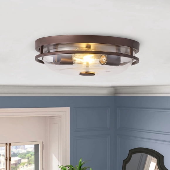 2-Light Flush Mount Ceiling Light, Oil-Rubbed Bronze Close-to-Ceiling Fixture with Clear Glass Shade, for Bedroom, Hallway, Kitchen