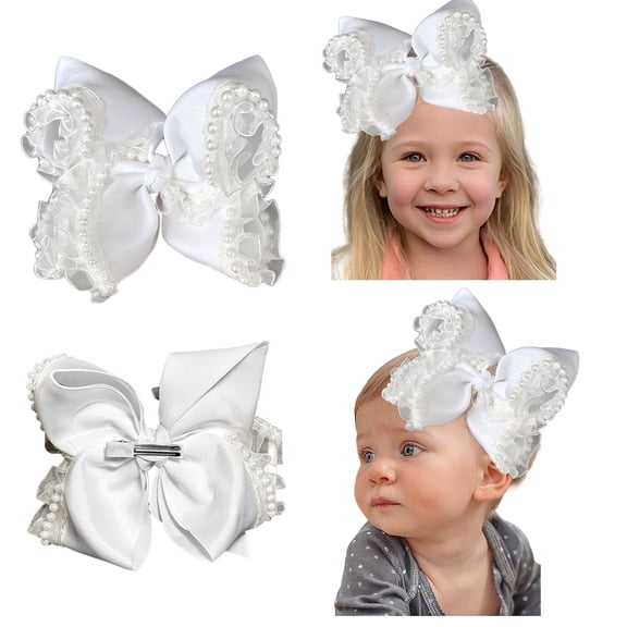 JoyBowie 1 Pcs 7.5 Inch Large White Hair Bows Pearl and Ruffled Lace Design for Toddler Girls Hair Accessories