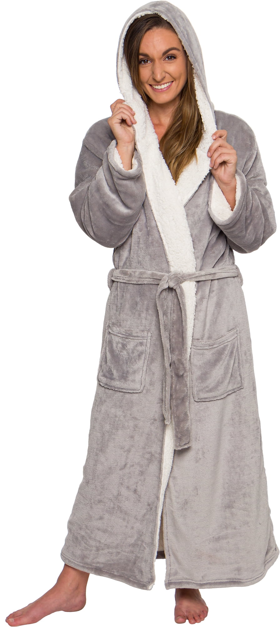 Long Hooded Robe with Sherpa Collar Silver Lilly Womens Fleece Robe Discolored